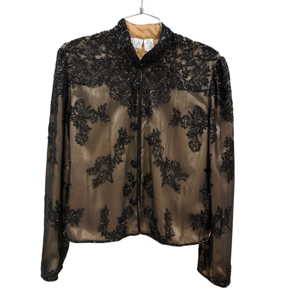 Vintage Scala silk beaded evening jacket black with nude under size 8
